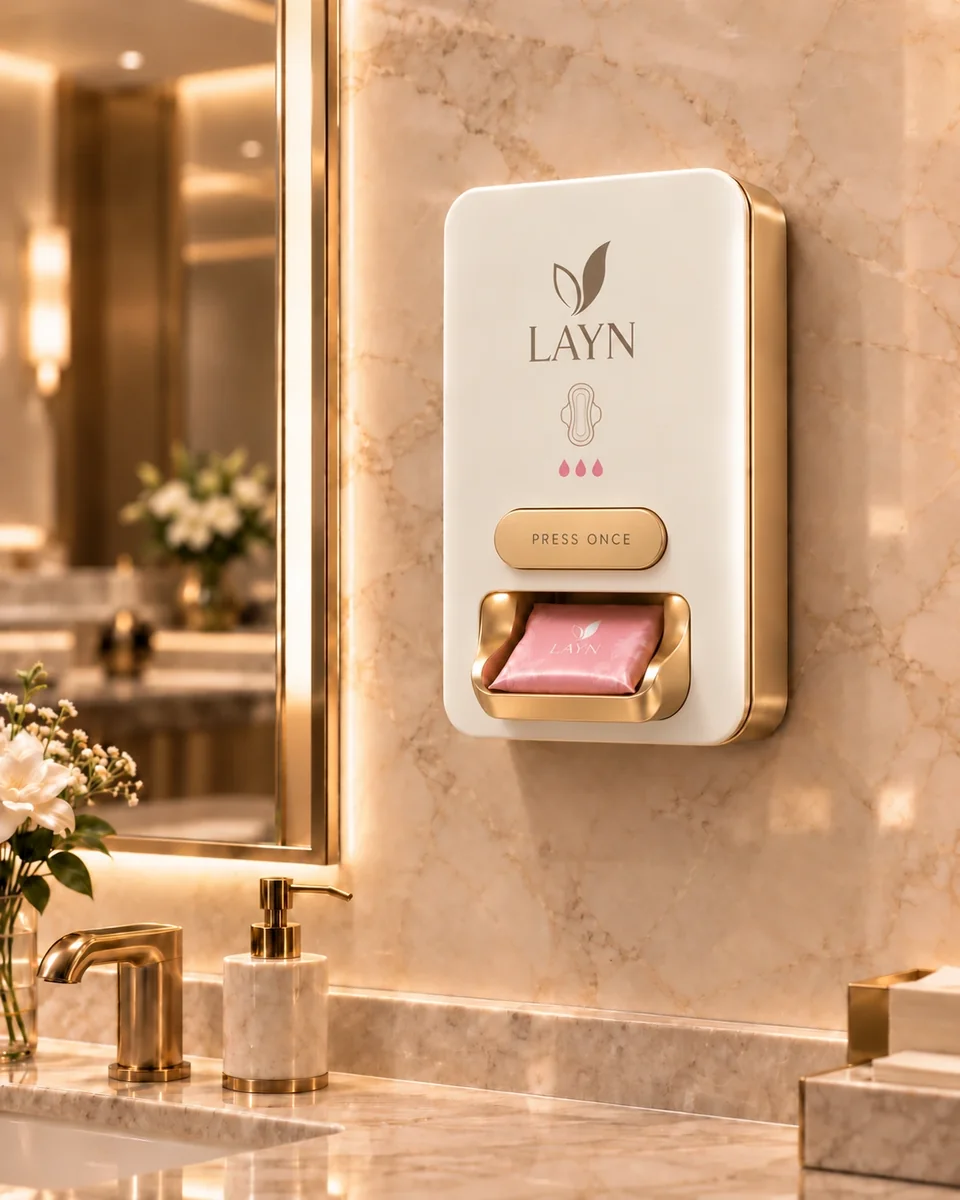 En elfenbensvit LAYN BOX med mässingsdetaljer på en toalettvägg i marmor, med en rosa förpackad binda i facket