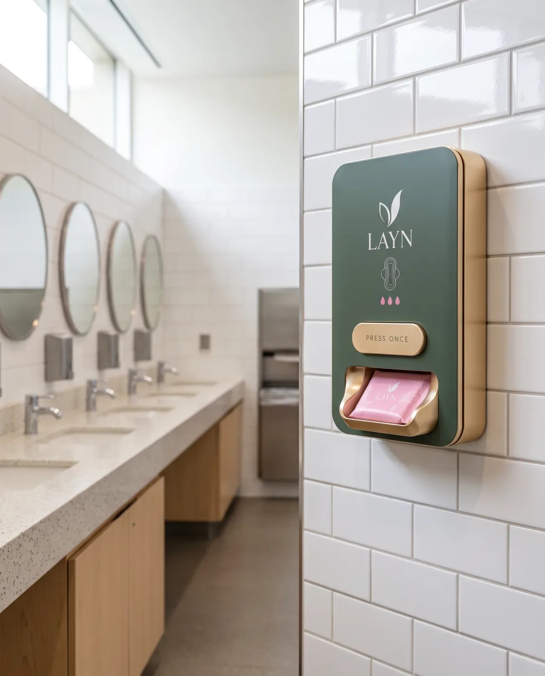 Sage LAYN PAD wall-mounted dispenser in a campus washroom