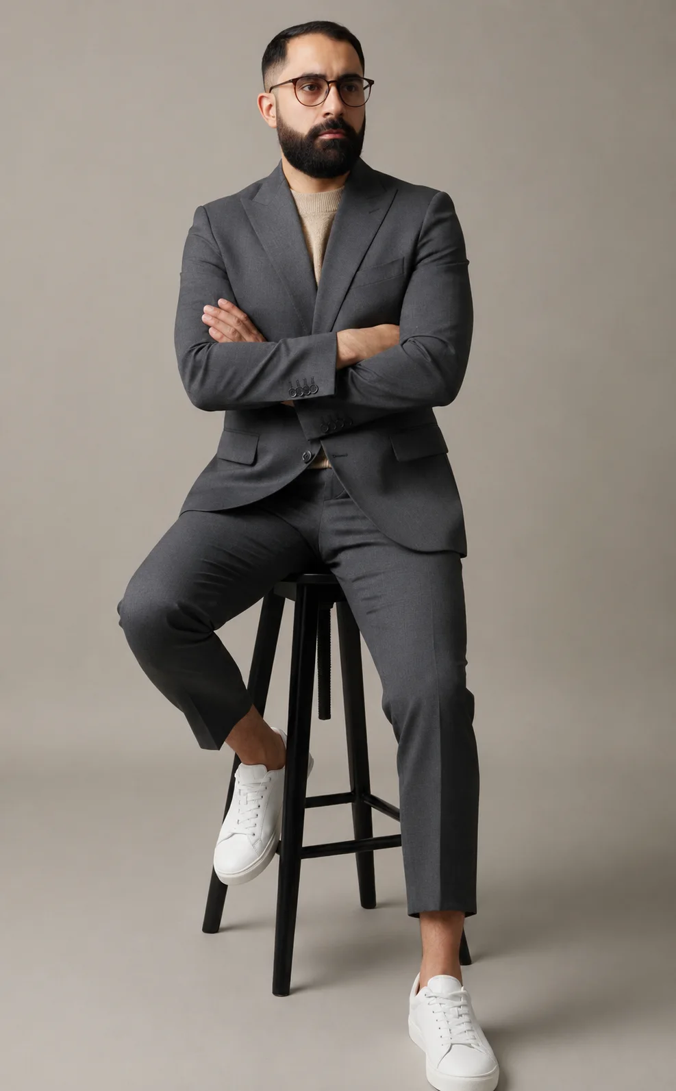 LAYN’s founder, a physician working in Sweden, in a charcoal suit against a warm neutral background.