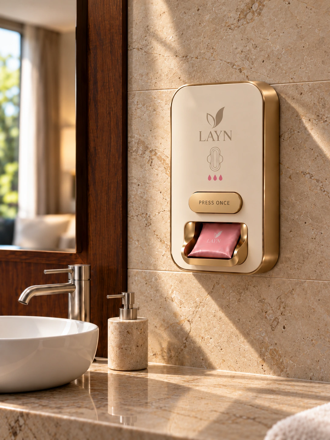 Compact ivory LAYN hotel-room pad dispenser with a PRESS ONCE button and anti-drop retrieval tray in a warm stone bathroom
