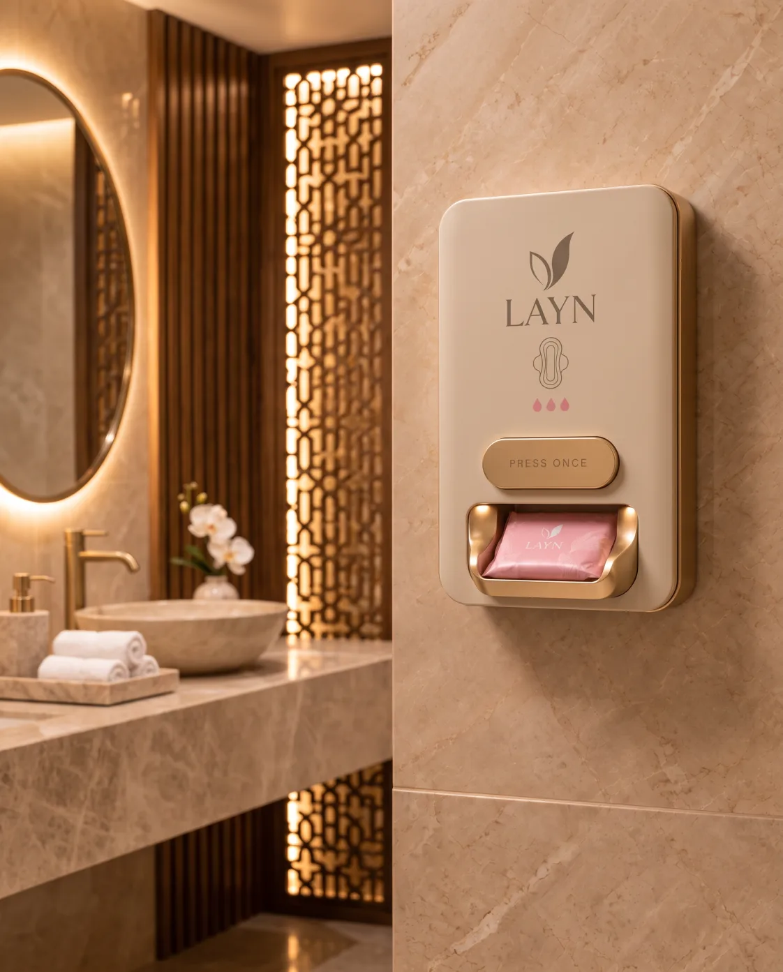 Sand LAYN PAD wall-mounted dispenser in a hotel guest washroom
