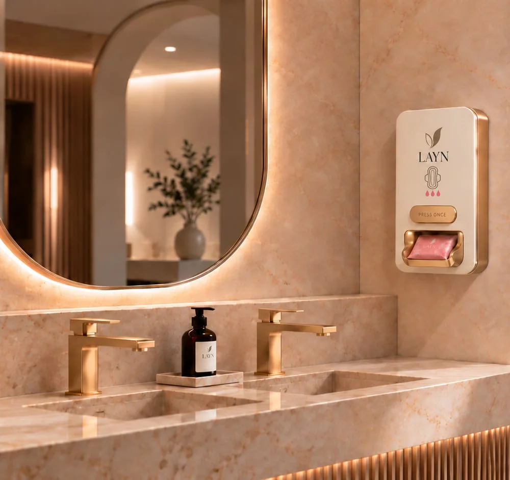 Ivory LAYN PAD beside an arched mirror and stone basins in a warm, softly lit restroom