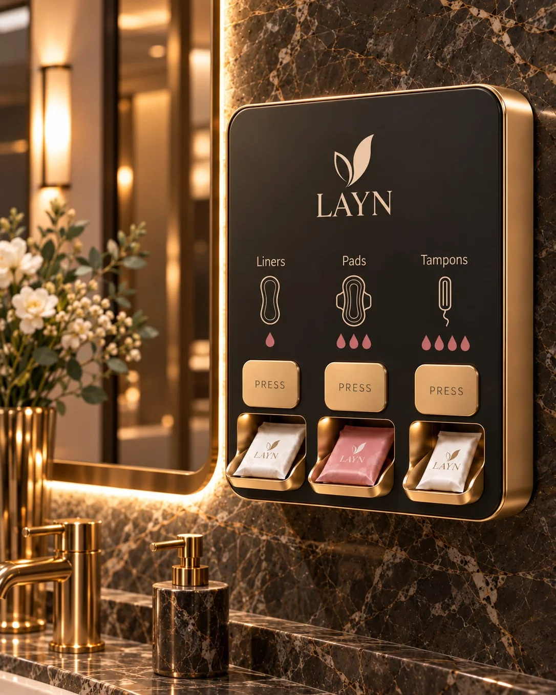 Matte black LAYN concept visual with three dispensing channels on a dark marble wall beside a mirror