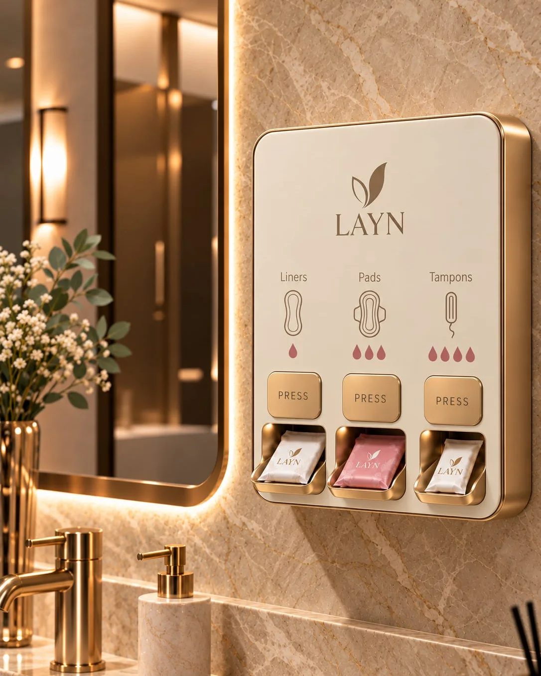 Ivory LAYN concept visual with separate outlets for liners, pads and tampons beside a mirror in a warm stone restroom