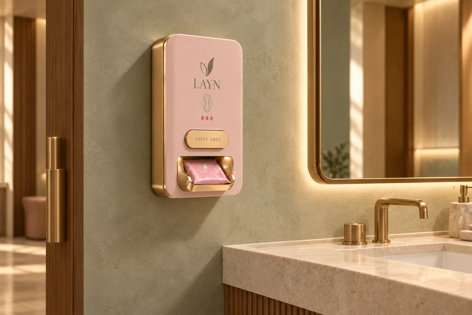 Blush LAYN PAD in an elegant restroom, with gold details and an individually wrapped pink LAYN pad