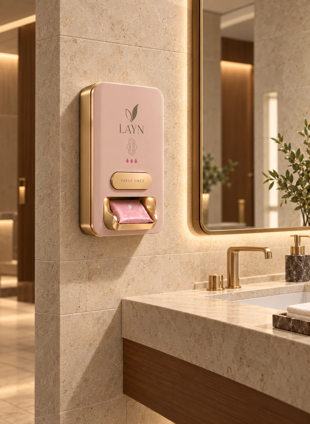 Blush LAYN PAD wall-mounted dispenser in a luxury restroom